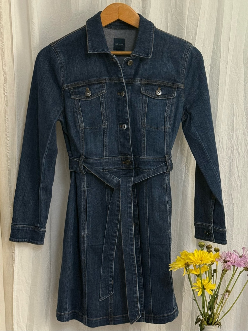 NWOT J Jill Denim Shirt Dress XSP Petite XS Belted Button Front Stretch Duster